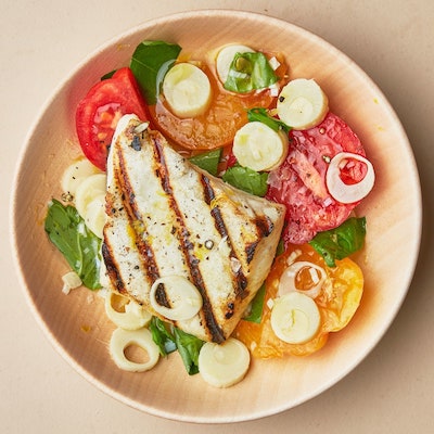 Grilled halibut with tomatoes and hearts of palm recipe