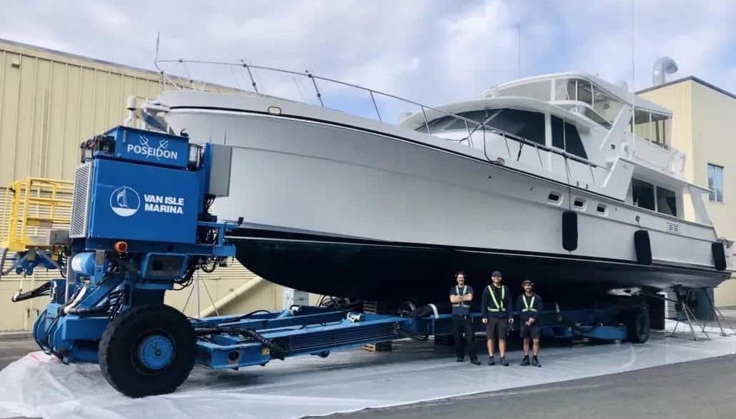 boat getting maintenance done on land