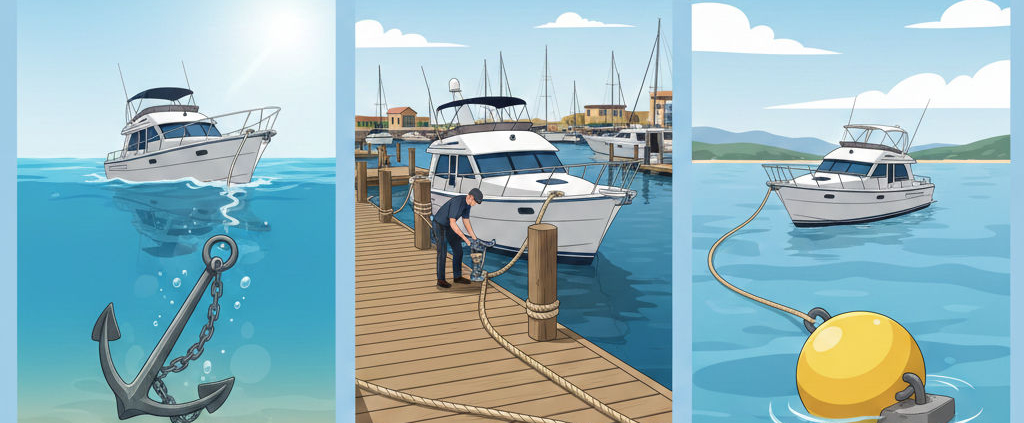 the difference between anchoring, docking and mooring