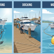 the difference between anchoring, docking and mooring