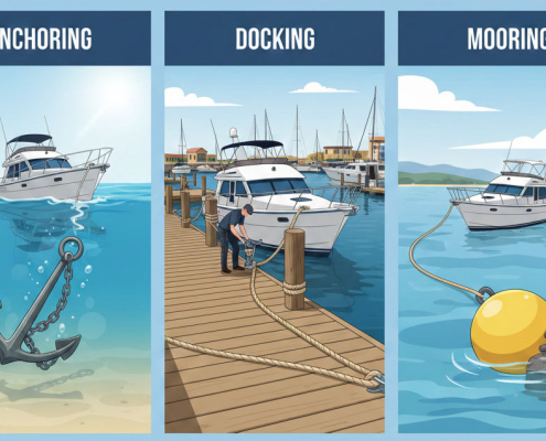 the difference between anchoring, docking and mooring