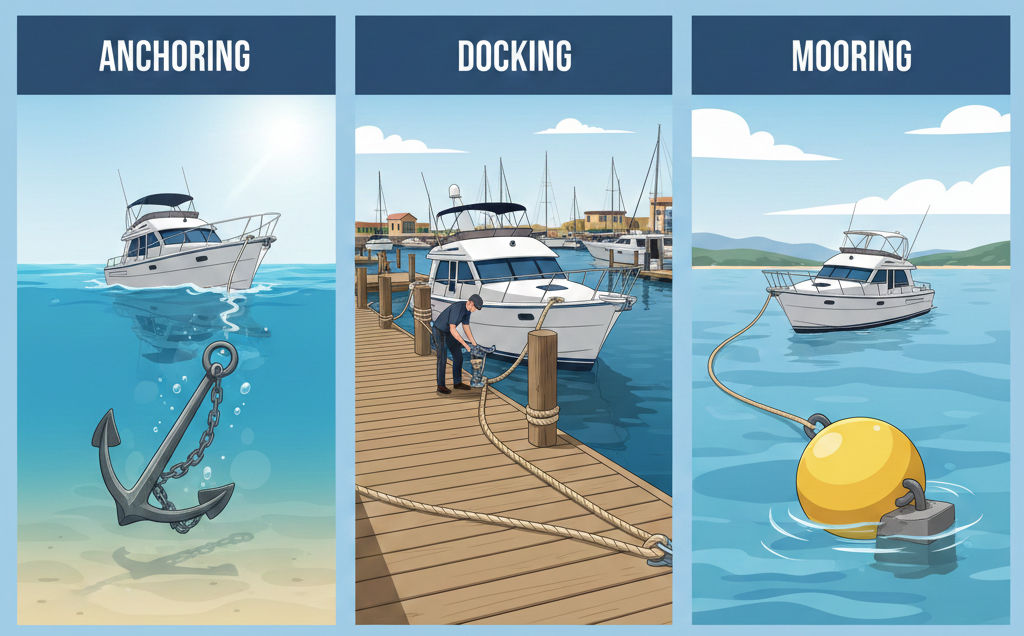 the difference between anchoring, docking and mooring