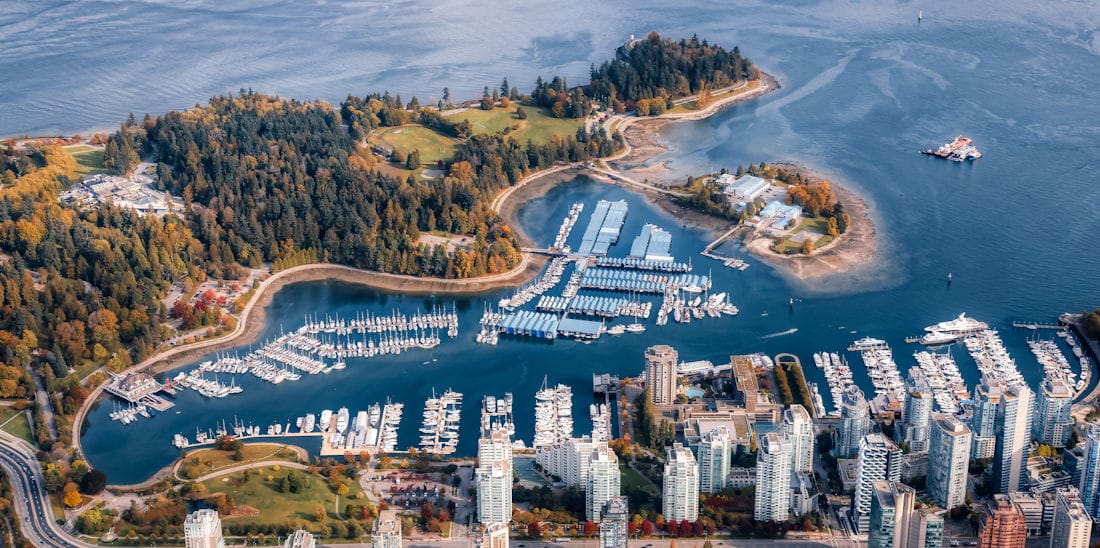 aerial view of Vancouver harbour and downtown